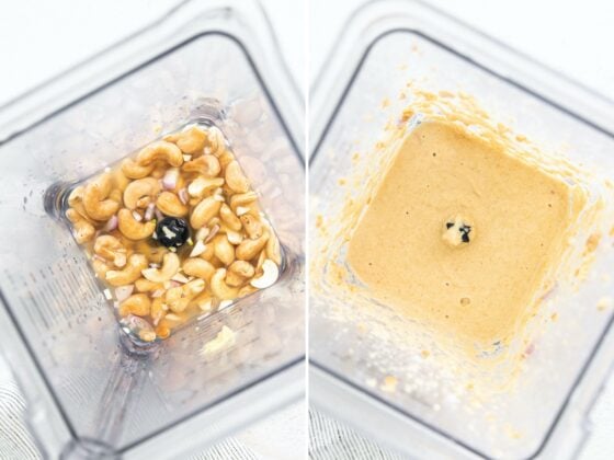 Side by side photos of a blender making cashew creamy dressing. Photo of the cashews and water in the blender before and after being blended.