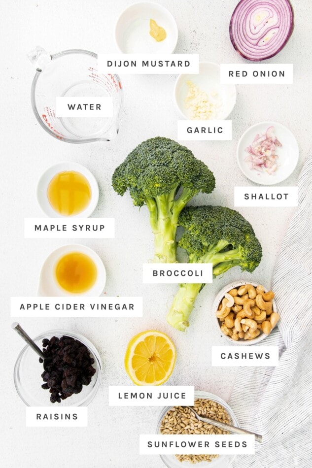 Ingredients measured out to make vegan broccoli raisin salad.