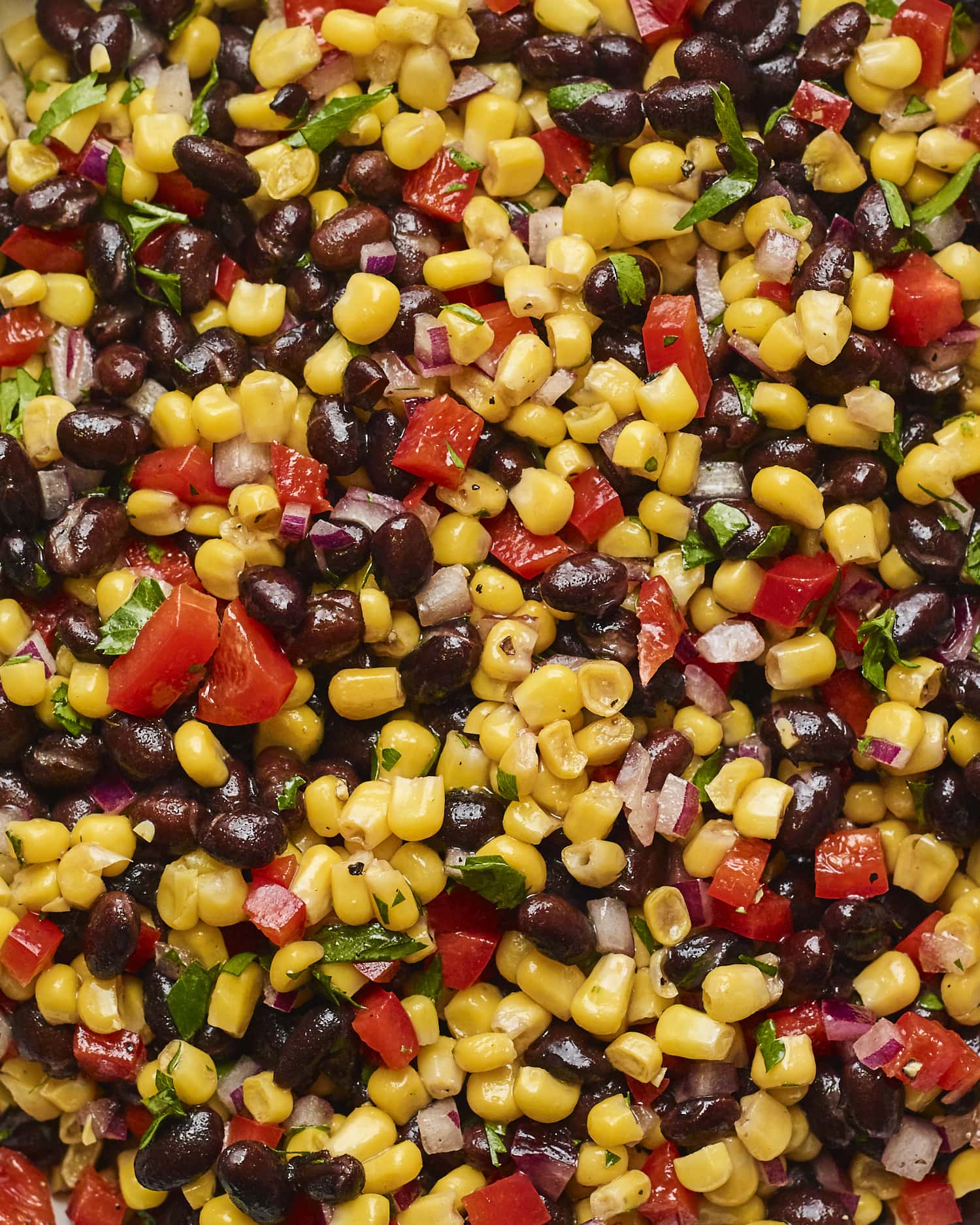 Close up photo of black bean and corn salad.