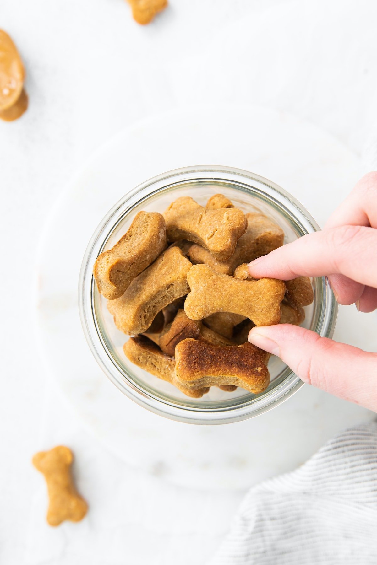 Hand picking up a homemade dog treat out of a jar.