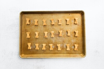 Bone-shaped dog treats on a cookie sheet.