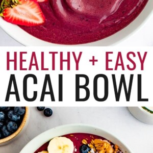Acai bowl topped with banana, blueberries, strawberries, granola and peanut butter.