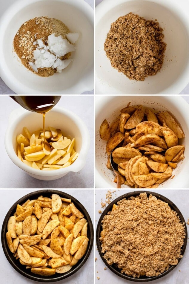 Collage of 6 photos showing the steps to make an apple crisp. From making the oatmeal toppings, to tossing apples with maple syrup and cinnamon, and topping it all with oatmeal topping.