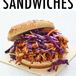 Jackfruit bbq sandwich topped with cabbage.