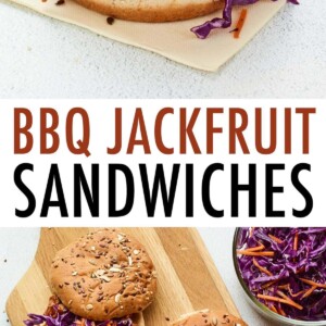 Wood cutting board with bbq jackfruit sandwiches being assembled. Another photo of a BBQ jackfruit sandwich with some cabbage.