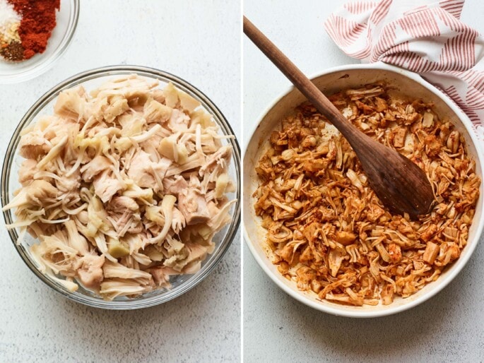 Side by side photos of a bowl of jackfruit, and a skillet with jackfruit cooking in bbq sauce.