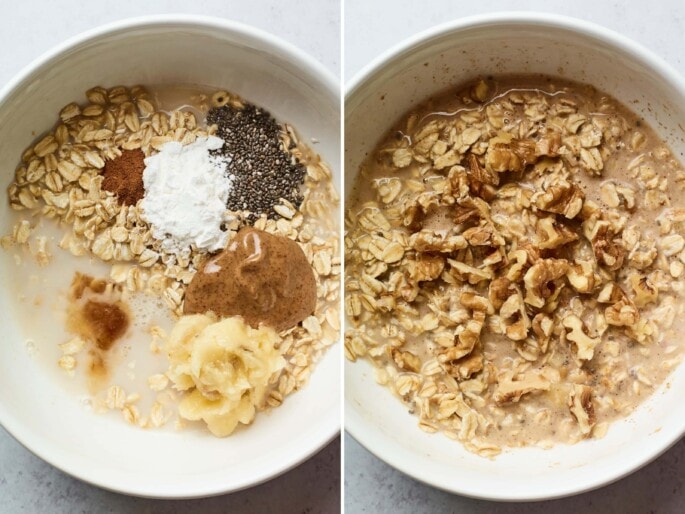 Side by side photos of a mixing bowl in the process of making the mixture for banana baked oatmeal.