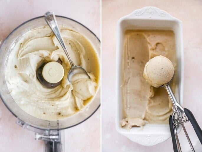 Side by side photos. One is banana ice cream blended in a food processor. The second photo is an ice cream scooper with an ice cream scoop from a loaf pan.