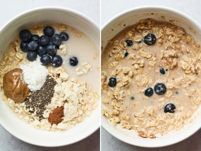 Side by side photos of a mixing bowl in the process of making the mixture for blueberry baked oatmeal.