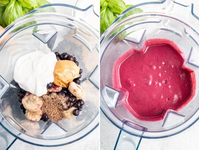 Side by side photos. Photo one is greek yogurt, banana, blueberries, almond butter and flaxseed in a blender. The second photo is a blended blueberry smoothie in a blender.