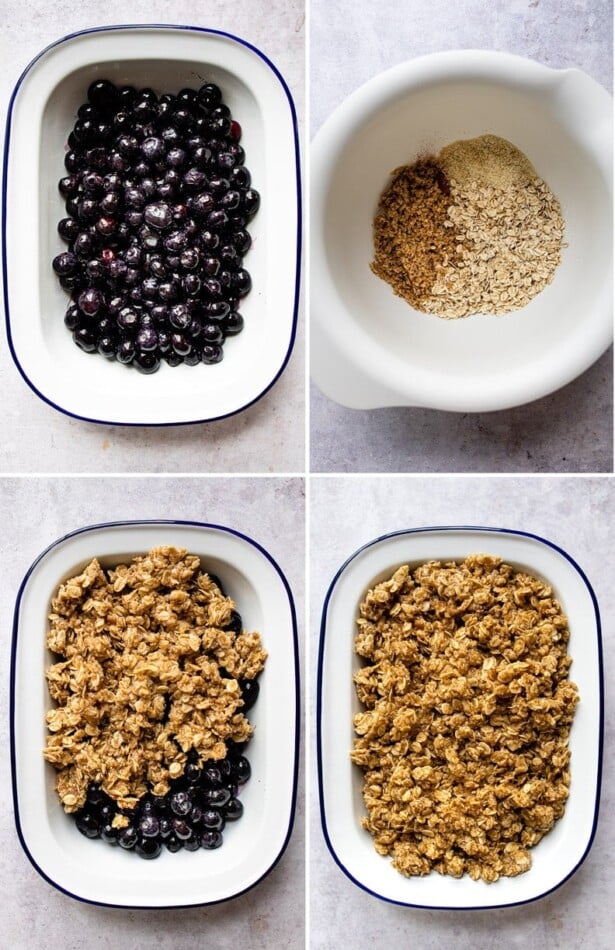 Collage of four photos showing the process of making blueberry crumble. Putting blueberries at the bottom of a baking dish, making the crumble topping with almond meal, pecans and oats, and then covering the blueberries with the crumble mixture.