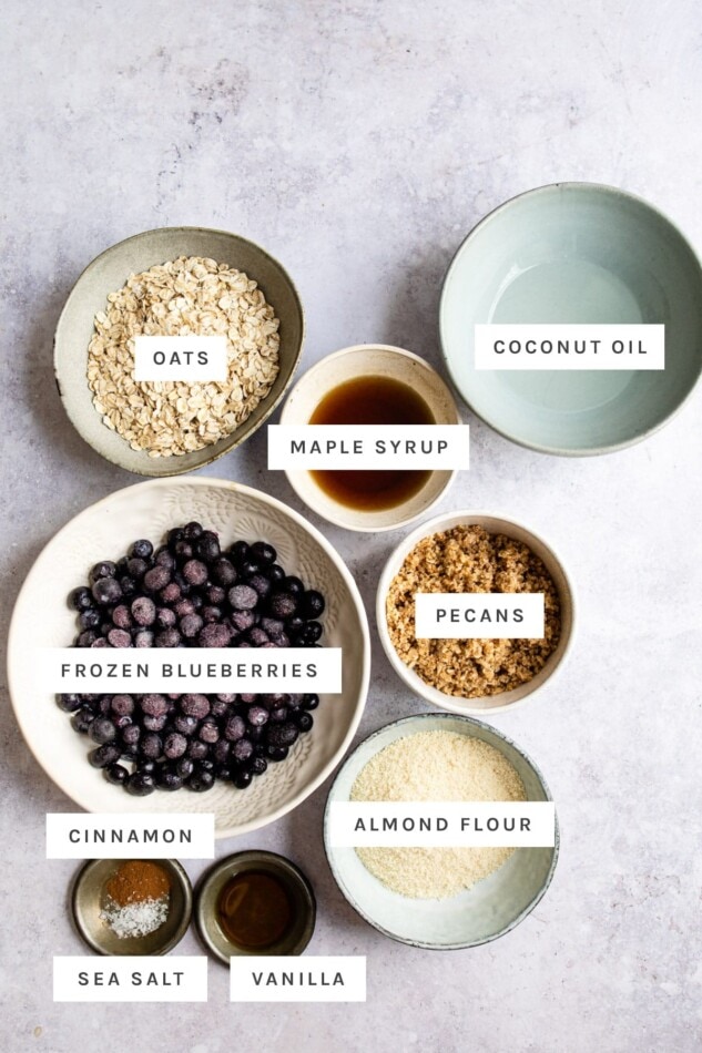 Ingredients measured out to make blueberry crumble.
