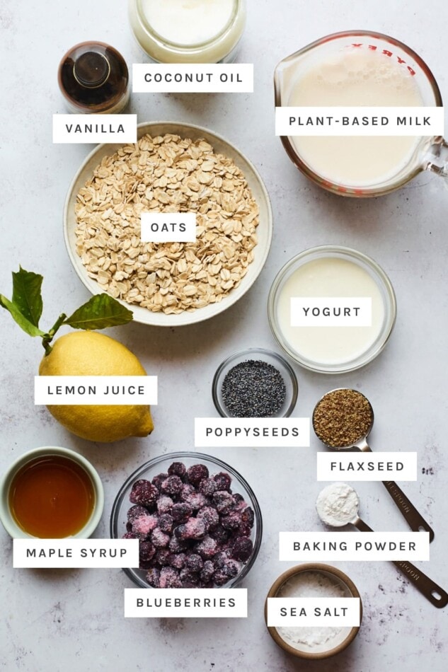 Ingredients measured out in bowls to make blueberry lemon baked oatmeal.