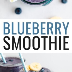 Blueberry smoothie topped with blueberries and a straw.