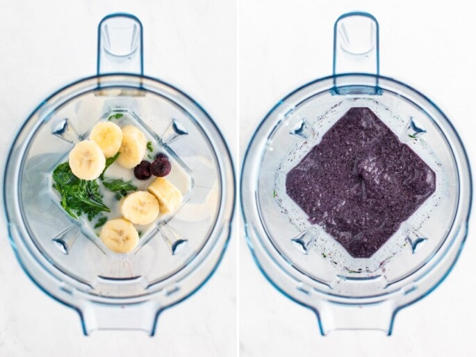 Side by side photos. The first is almond milk, banana, blueberries and greens in a blender. The second photo is a blended blueberry smoothie in a blender.