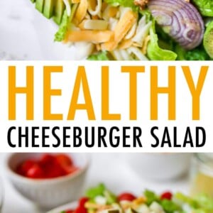 Cheeseburger salad with avocado, red onion, cheddar cheese, tomatoes, ground turkey and pickles.