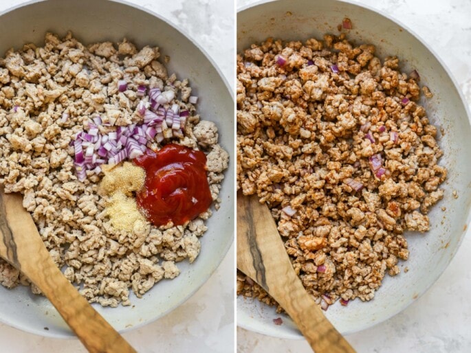 Side by side photos. The first is ground turkey in a pan with garlic powder, onion and ketchup on top. The second photo is the seasonings mixed into the ground turkey.