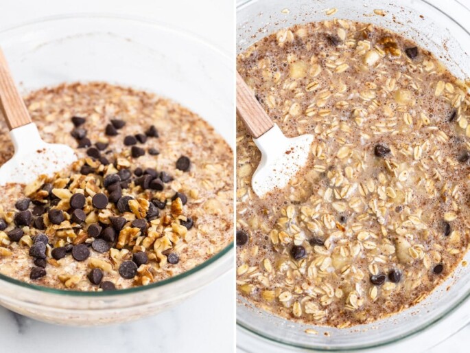 Two photos of the mixture for chocolate chip baked oatmeal cups with walnuts and chocolate chips before and after getting mixed into the batter.