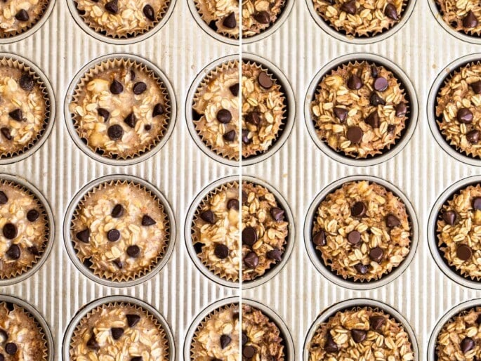 Chocolate chip baked oatmeal cups in a muffin tin, before and after being baked.