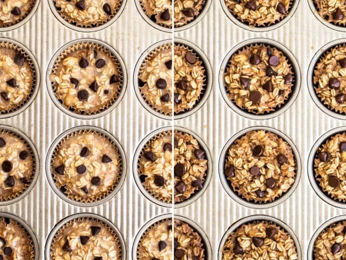 Chocolate chip baked oatmeal cups in a muffin tin, before and after being baked.