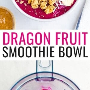 Dragon fruit smoothie bowl topped with granola, banana slices and a strawberry. Second photo is of the blended dragon fruit smoothie bowl mixture in a blender.