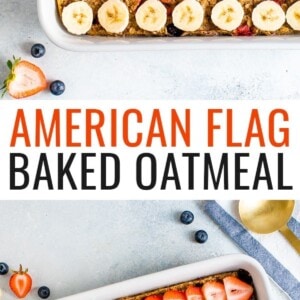 Baked oatmeal decorated to look like the American flag with blueberries, banana slices and strawberries.