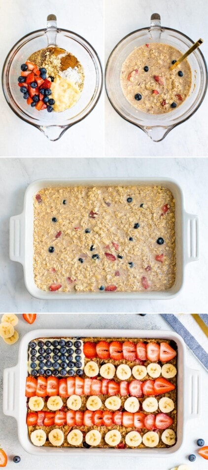 Collage of photos showing the process on how to make flag baked oatmeal, from mixing the batter, baking and decorating like an american flag with berries.