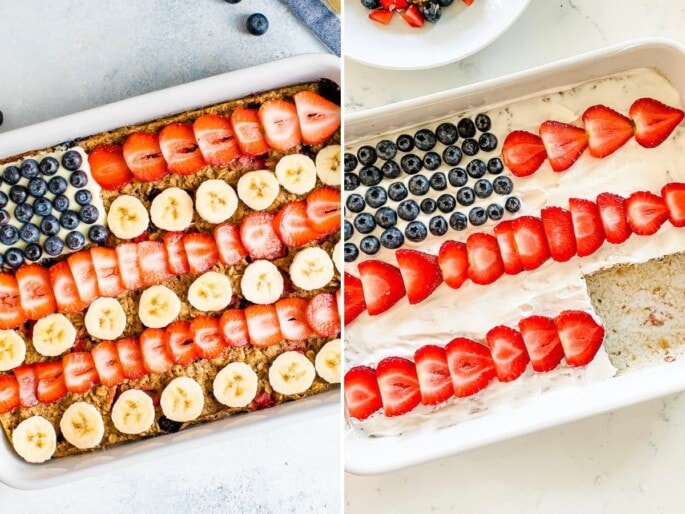 Side by side photo of flag baked oatmeal decorated with just berries, and one decorated with cool whip and berries.