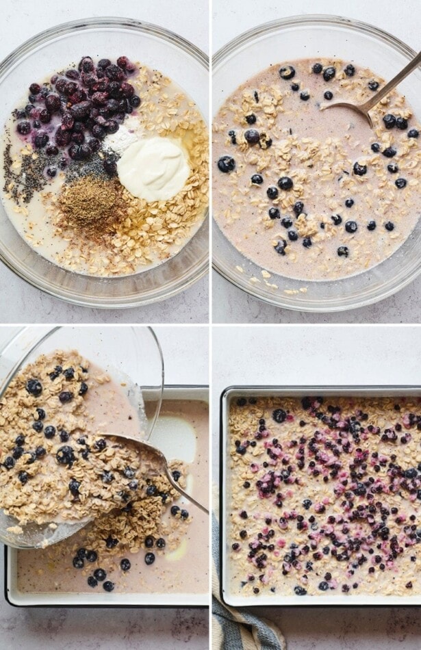Collage of four photos showing the steps on how to make blueberry lemon baked oatmeal. Mixing the ingredients in a bowl and then pouring into a baking dish.