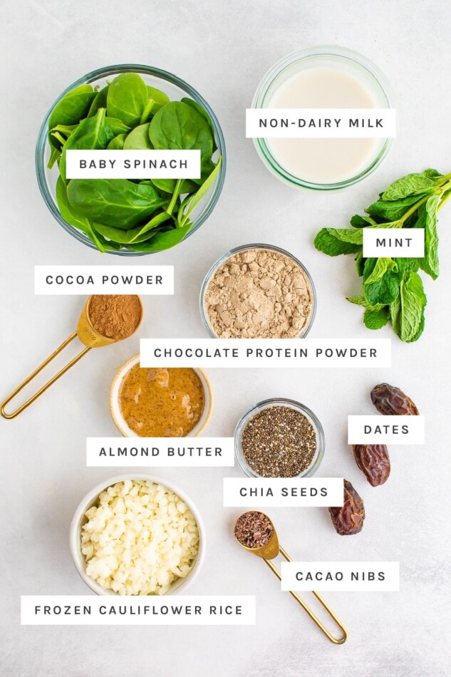 Ingredients measured out to make a mint chocolate chip smoothie.