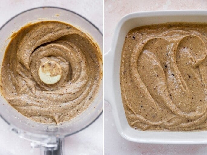 Side by side photos of oatmeal raisin ice cream mixture in a food processor and a photo of the ice cream mixture spread out on a dish.