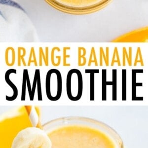 Orange banana smoothie in a glass jar, garnished with a banana slice and served with an orange and white striped paper straw.