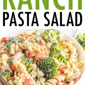 Bowl of creamy ranch pasta salad loaded with veggies.