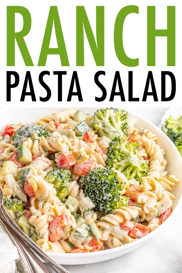 Bowl of creamy ranch pasta salad loaded with veggies.