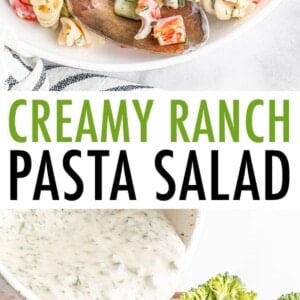 Bowl of creamy ranch pasta salad loaded with veggies. Second photo of Greek yogurt ranch being poured over the pasta salad.