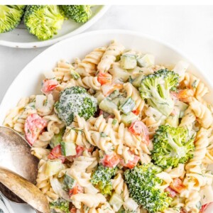 Bowl of creamy ranch pasta salad loaded with veggies.