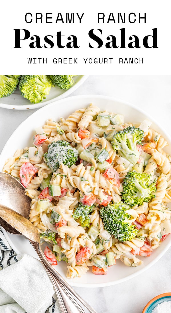 Bowl of creamy ranch pasta salad loaded with veggies.