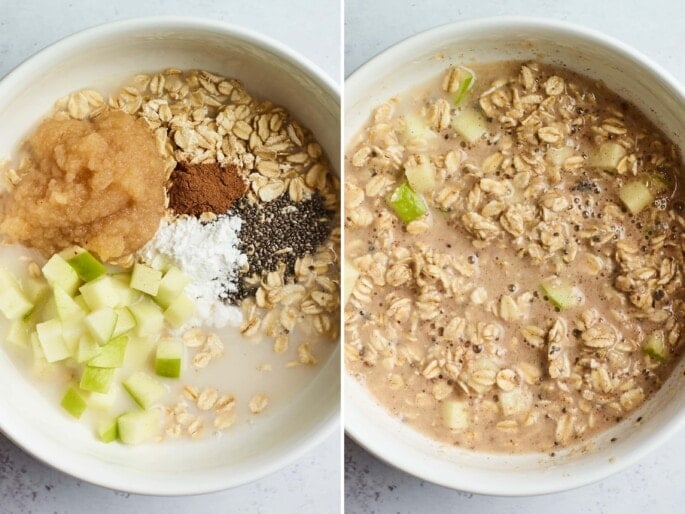 Side by side photos of a mixing bowl in the process of making the mixture for apple baked oatmeal.