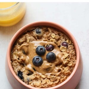 Bowl of blueberry baked oatmeal.