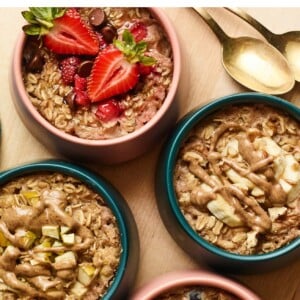 Four bowls of baked oatmeal.