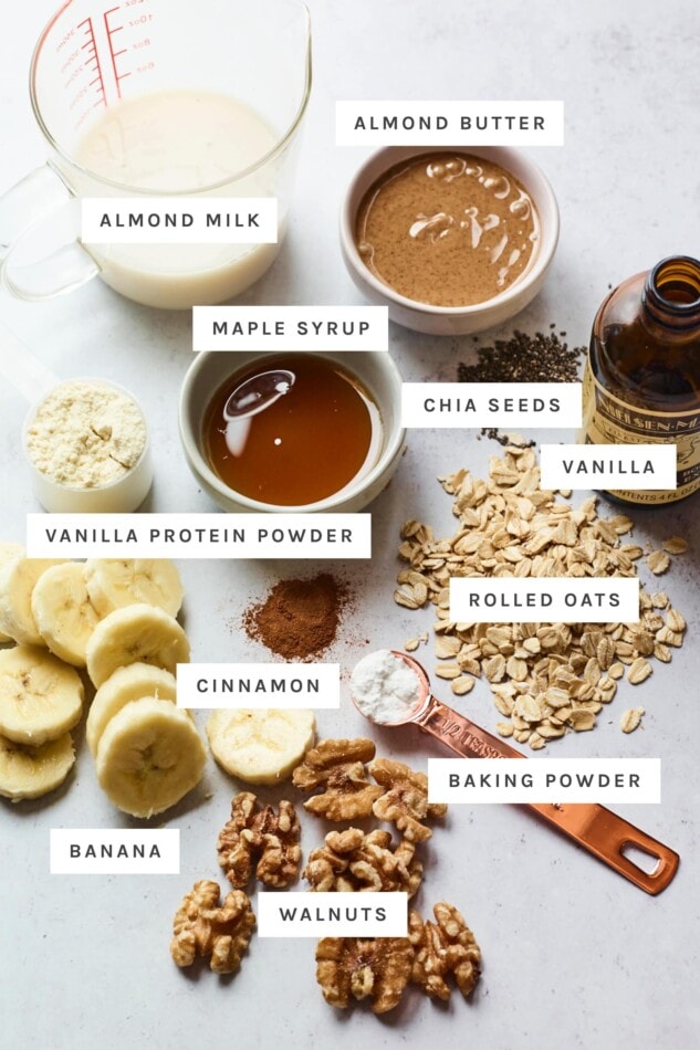 Ingredients measured out to make banana walnut baked oatmeal.