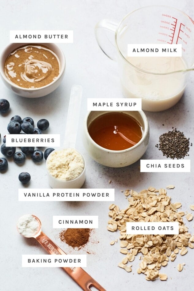 Ingredients measured out to make blueberry protein baked oatmeal.