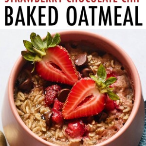 Bowl of strawberry chocolate chip baked oatmeal.
