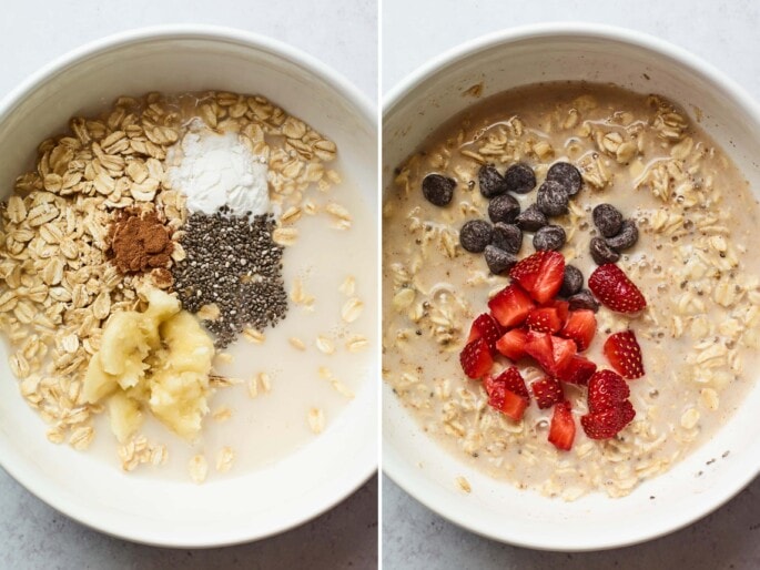 Side by side photos of a mixing bowl in the process of making the mixture for strawberry baked oatmeal.