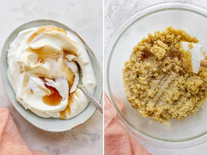 Two photos. The first is a bowl of yogurt with maple syrup. The second is a bowl of quinoa.