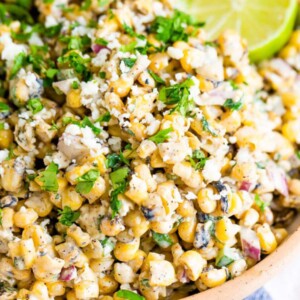 Bowl of mexican street corn salad.