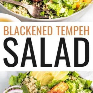 Salad topped with blackened tempeh, tahini dressing, peppers, onions, avocado and quinoa.