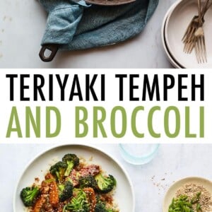 Photo of a skillet of tempeh and broccoli, and a photo of two plates of tempeh and broccoli.
