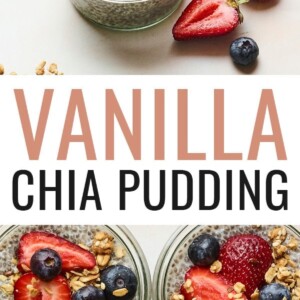 Jars of chia pudding topped with berries and granola.