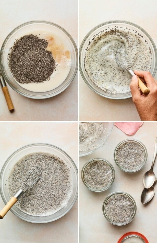 Four photos showing the process how to make chia pudding by whisking the ingredients together in a bowl, and letting the pudding thicken up in jars.